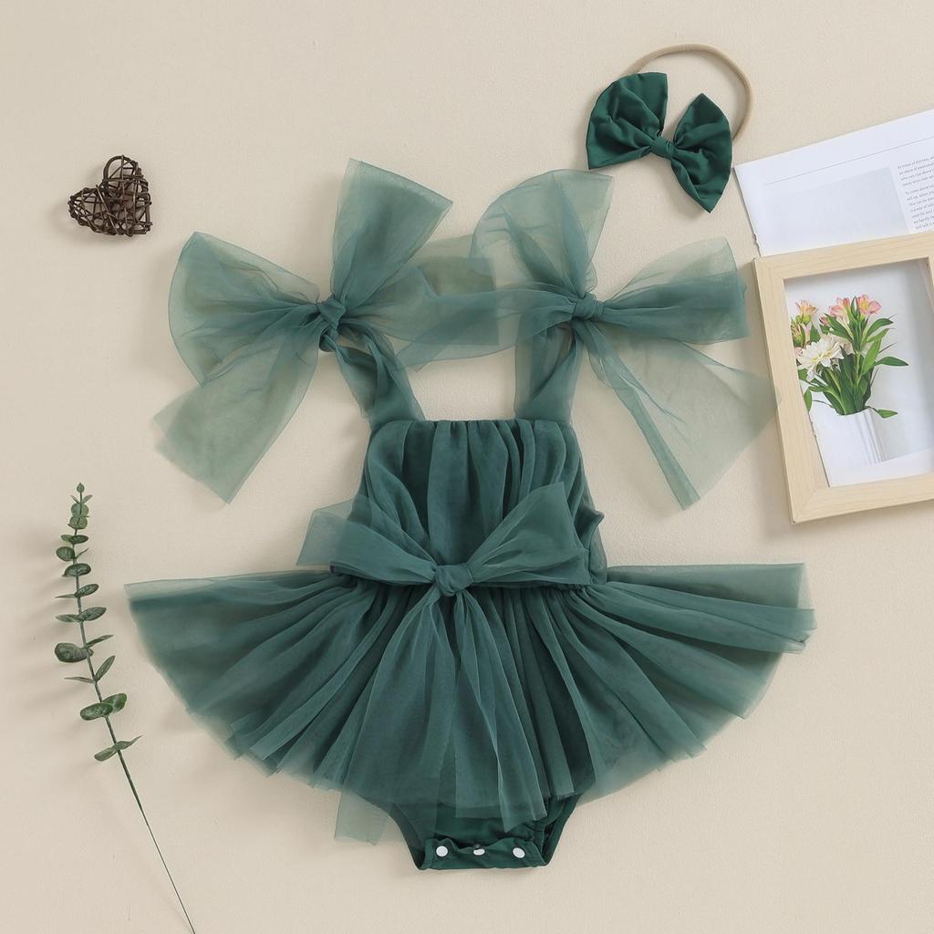 Baby Girls Rompers Dress Solid Color Tulle Skirt Hem Sleeveless Jumpsuits 3M 6M 12M 18M Toddler Clothes Infant Bodysuits with Bow Headband