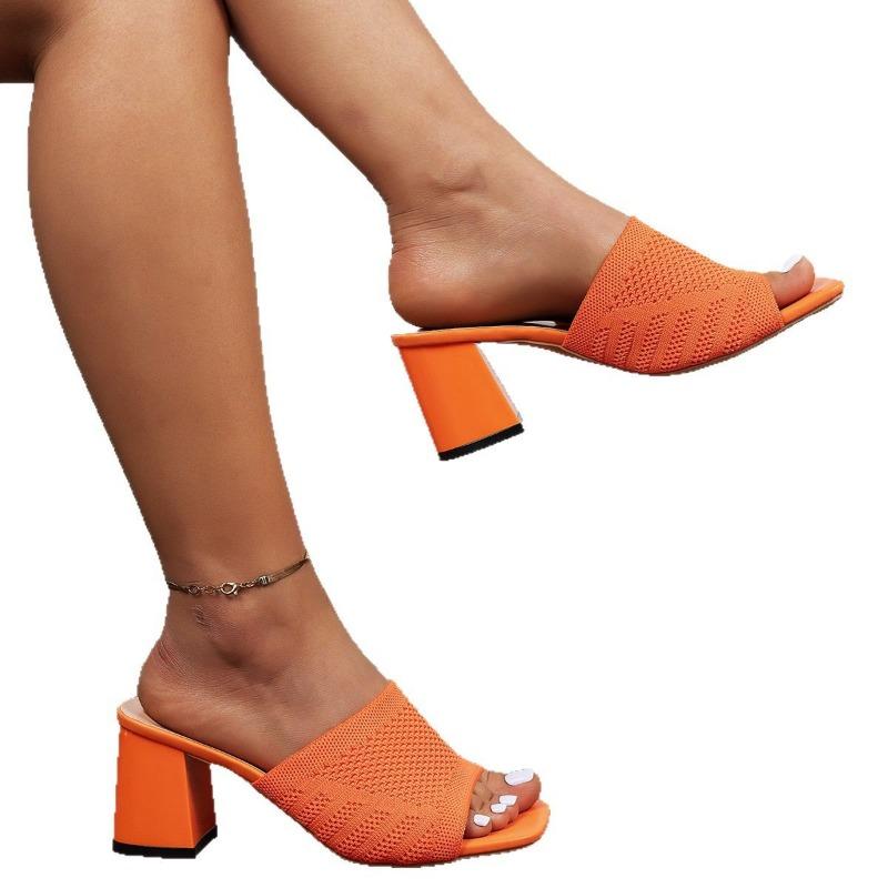 Flying Woven High-heeled Slippers Women's Summer New Large-size Square-headed Thick-heeled Lazy Open-toed Cool Slippers