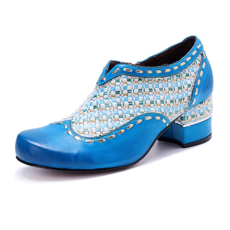 

Autumn and winter women s leather hand-polished retro woven side zipper high heels 36 синий