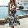 Women Sleeveless U Neck Pocket Split Hem Cotton Linen Dress with Floral Print Loose Fit Casual Style for Summer Wear