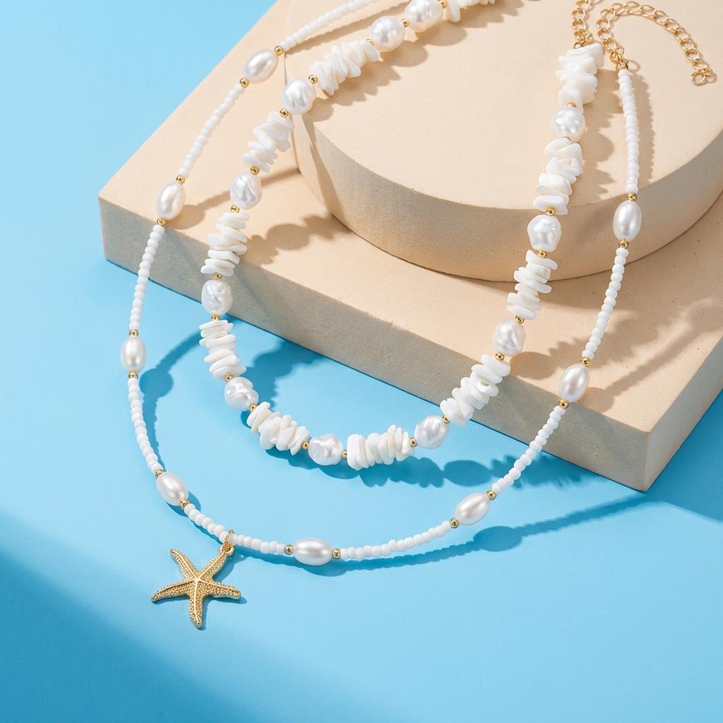 Bohemian White Multilayer Rice Bead Gravel Necklace for Women Baroque Imitation Pearl Gold Starfish Chain Beach Jewelry Gift