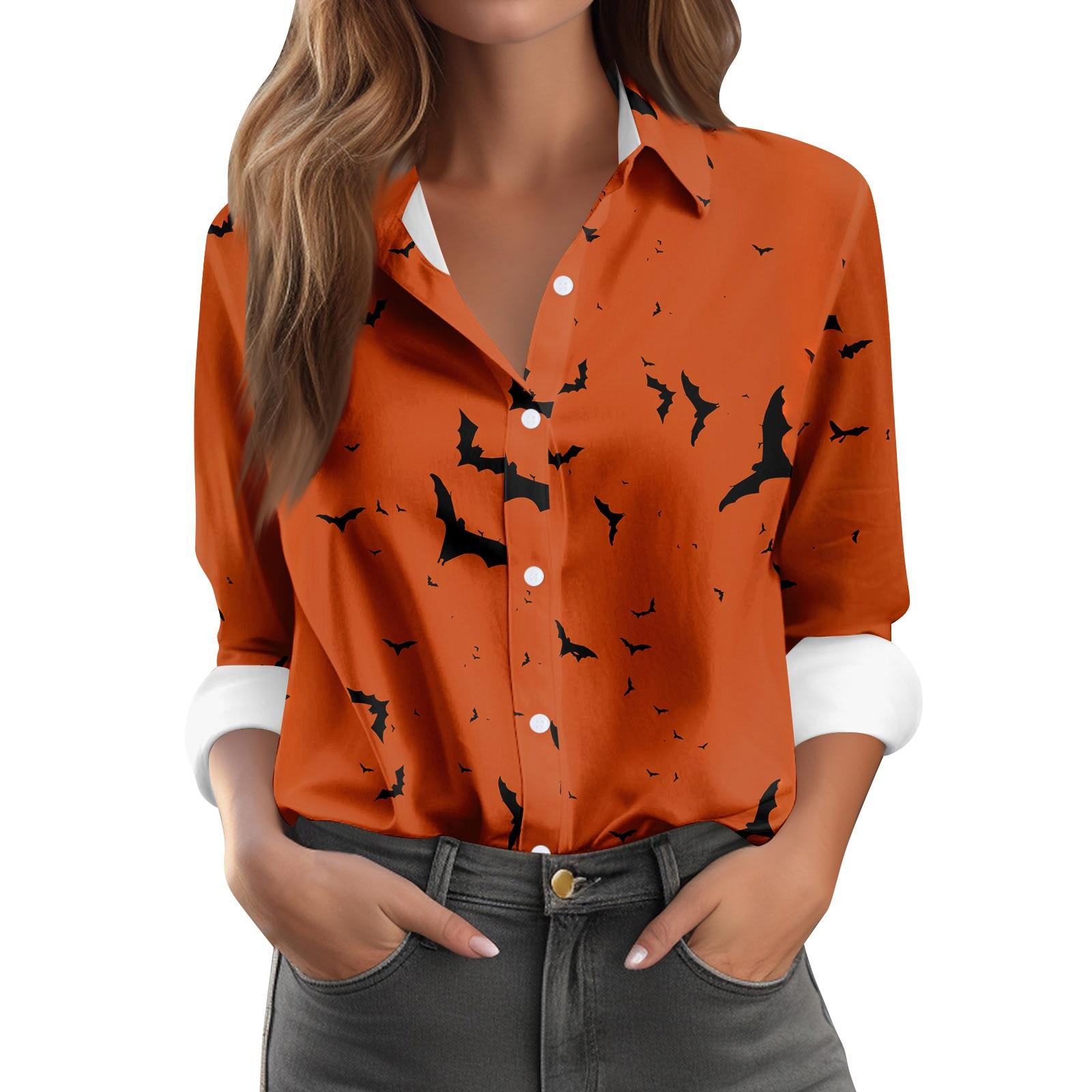 

Женская повседневная рубашка с длинным рукавом на пуговицах с принтом на Хэллоуин S шафрановый