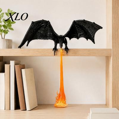Estatua de Criatura Mítica Dragón Estantería Rincón Luz con Efecto Llama LED, Decoración de Estante Fantasía, Lámpara de Noche Adorno de Exhibición Volador para Estudio