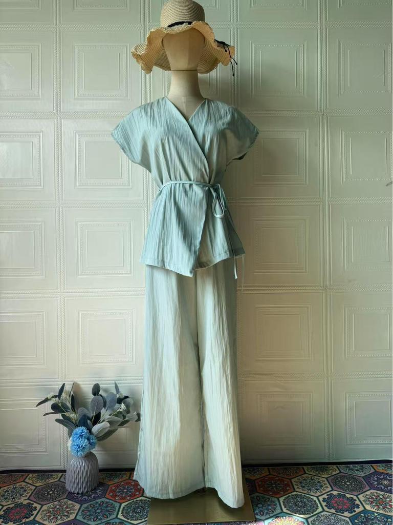 2025 Summer European & American Casual V-neck Short-sleeve Long Pants Fashion Set