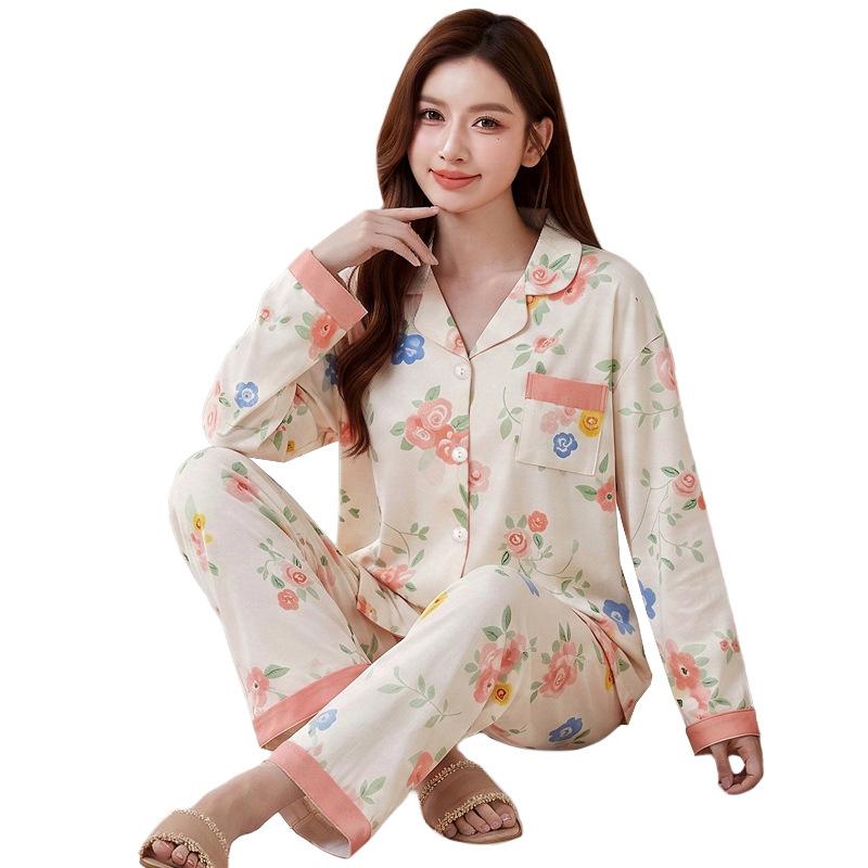 Fashion sweet printed pajamas women's spring and autumn imitation cotton long-sleeved loungewear large size comfortable mother suit