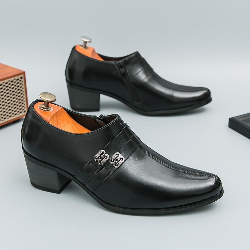 British Fashion Men's Black Pointed Slip On Patented Leather Height Increasing Shoes Moccasins Wedding Prom Homecoming Footwear