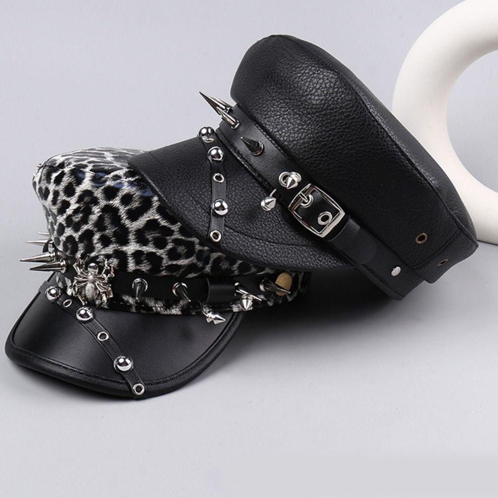 Punk Y2k Beret Hat Harajuku Flat Top Cap Vintage Rivet Leopard Hat  for Girls