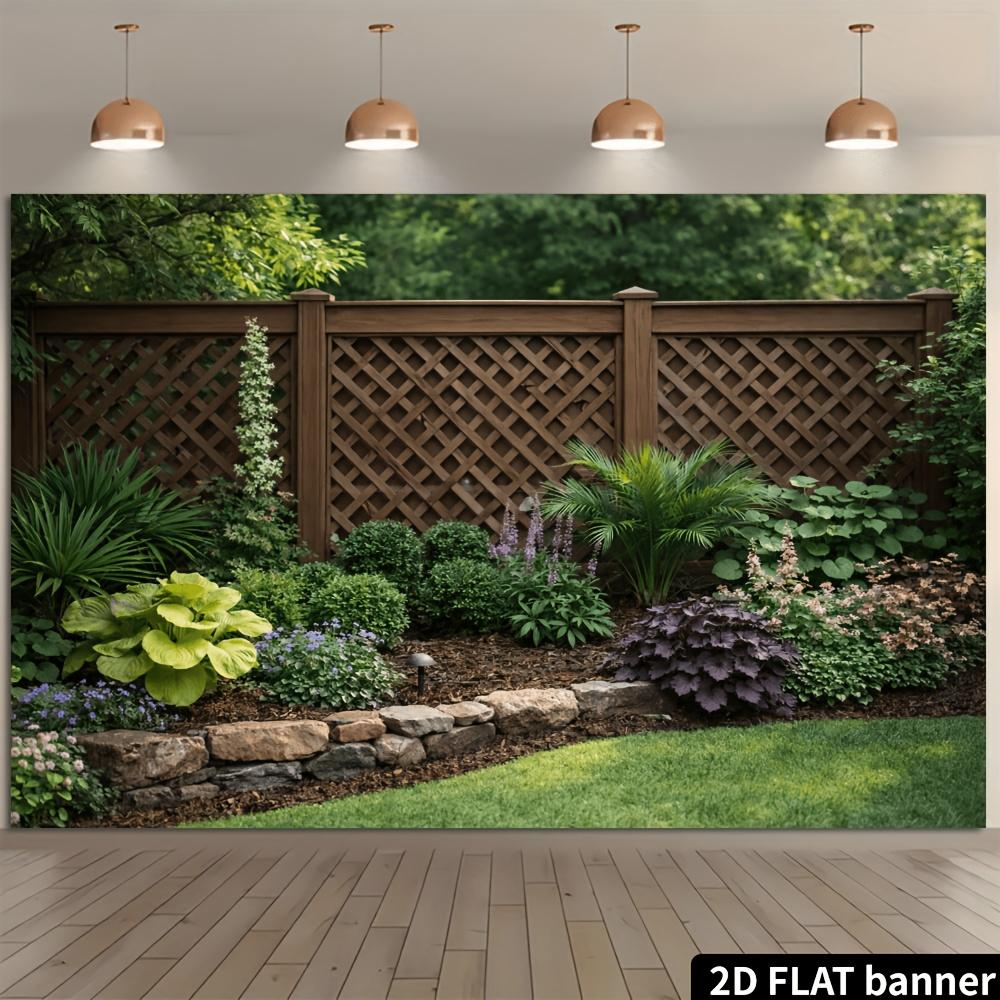2D Flat Courtyard Landscape Banner Background Quiet Private Courtyard Theme  Grid Fence  Diverse Green Plants and Flowers