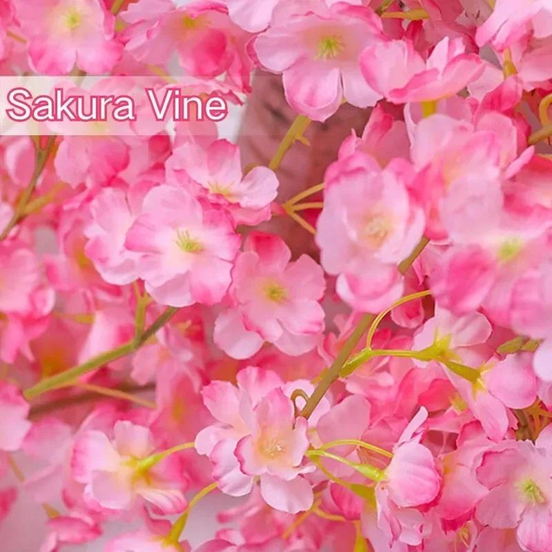 Artificial Sakura Flowers Silk Cherry Blossoms Vines Rattan Garland Christmas Garden Arch Ornament Wedding Party Home Decoration