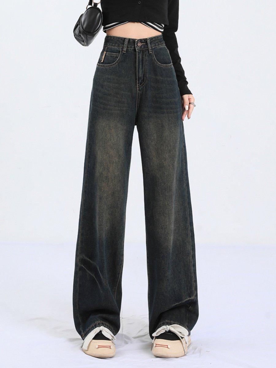 

Women s 2026 Spring Black Wide-Leg Embroidered High-Waisted Jeans S [42-47 kg]