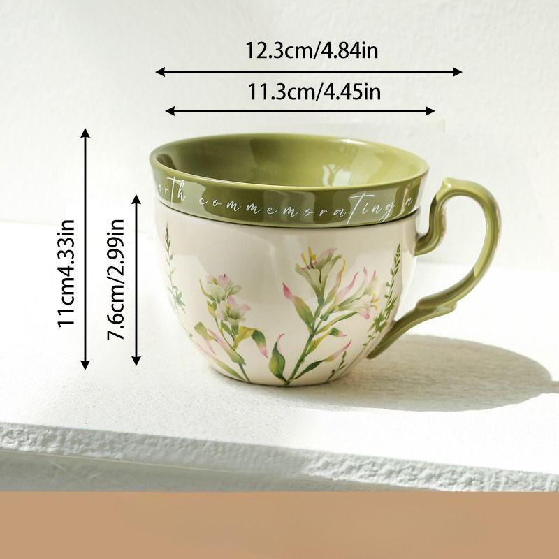 460ml Ceramic Floral Coffee Mug & Tea Cup Set with Heart Handle & Lid/Saucer | Hand Painted Flower Decal Home Breakfast Bowl 460ml