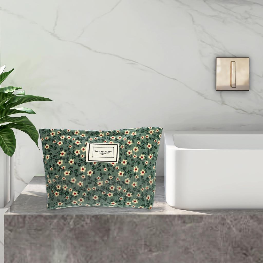 VOCOSTE Floral Print Makeup Large Capacity Makeup Pouch for Coin and Green Bag, Women, Purse, Foundation, Lipstick, Brushes,