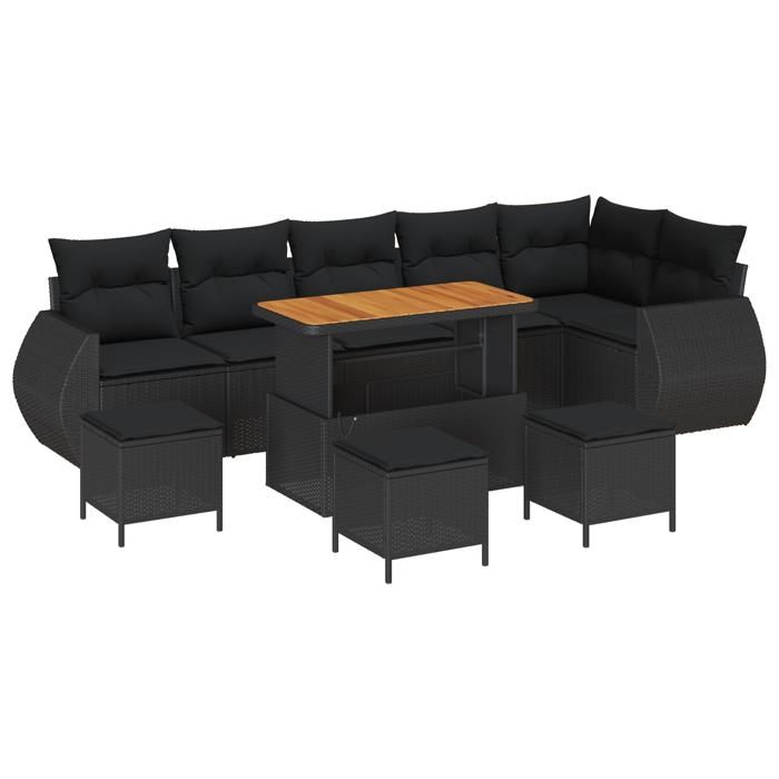VidaXL Ensemble de Canapés de Jardin 10 Pièces avec Coussins Noir Poly Rattan Acacia 3361899