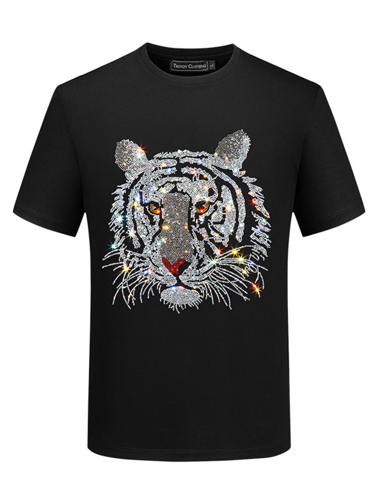 2026 Men's Slim Fit Short Sleeve T-Shirt with Rhinestone Tiger Head Design - Silk Cotton, Trendy, Plus Size Available