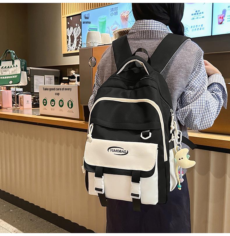 Korean-Style Color Block Backpack for Middle School Girls - Large Capacity Schoolbag