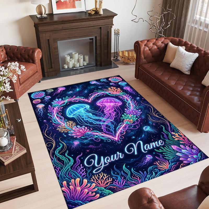 Mermaid Theme Crystal Velvet Floor Rug Personalized Custom Name Text Warm Carpet Home Decoration