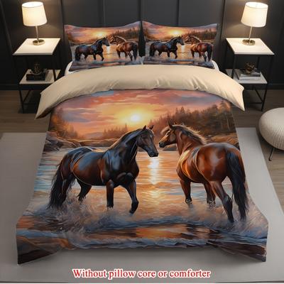 Set Biancheria da Letto 3 Pezzi Cavallo Steppe al Tramonto Stampa 3D Copripiumino Accogliente Misura King Queen Twin Regalo di Compleanno Decorazione Camera da Letto