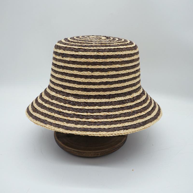 Французская ретро Хепберн Черно-кофейная полосатая соломенная шляпа-ведро Женская летняя защита от солнца Шляпа-бассейн для отпуска Пляжная соломенная шляпа M（56-58cm）