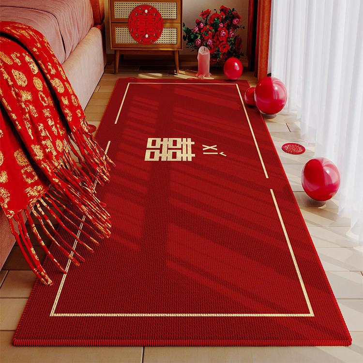 Festive Red Velvet Wedding Bedside Rug - Elegant Chinese-Inspired Bedroom Carpet for Wedding Decor