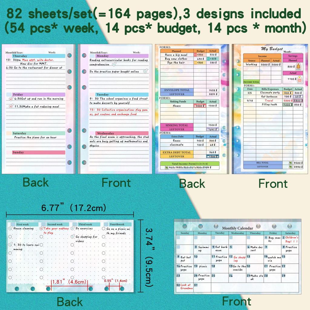 A6 Loose-Leaf Refill Pack with 6 Holes: Weekly Budget Planner & Monthly Scheduler Pages