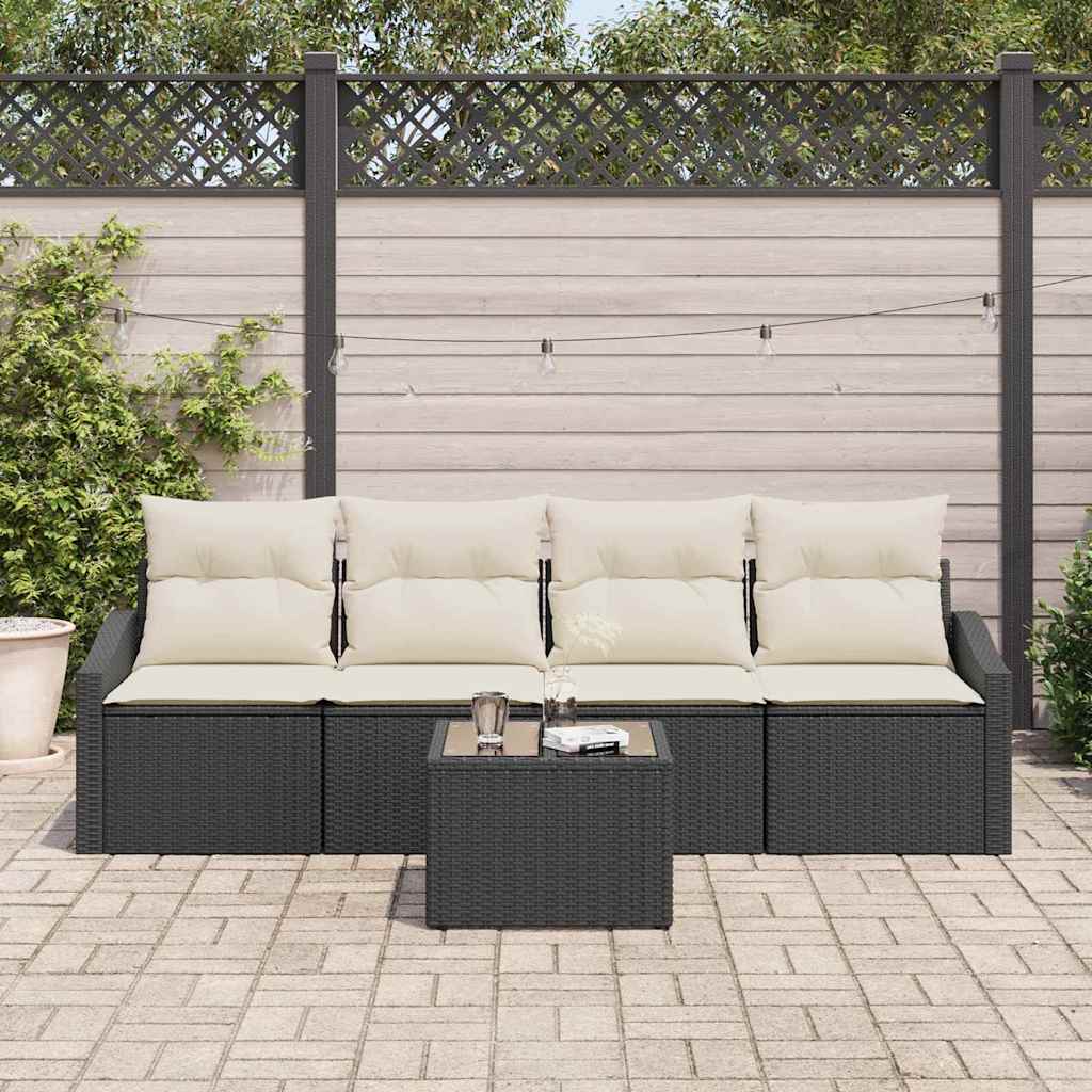 5 Piece Sofa Set with Cushions Black and Cream Poly Rattan