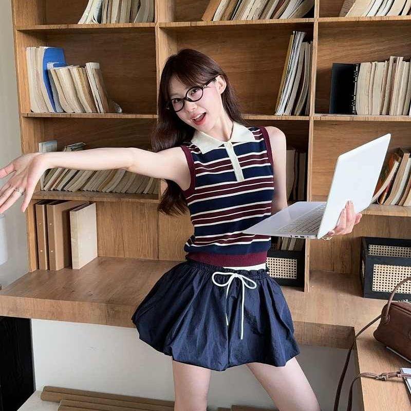 A New Retro Women's Summer Style with Contrasting Color Striped Button Sleeveless Knitted Vest