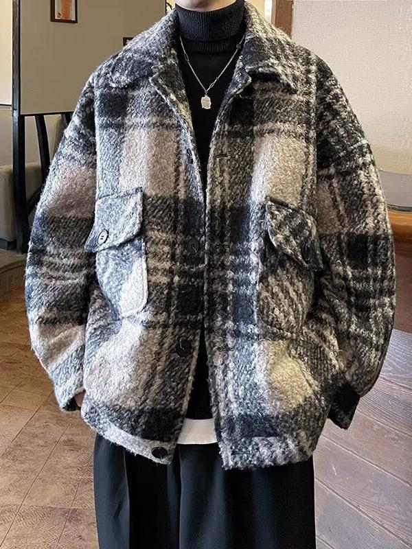 Men's Retro Plaid Wool Coat - Autumn/Winter Casual Thickened Lapel Jacket 