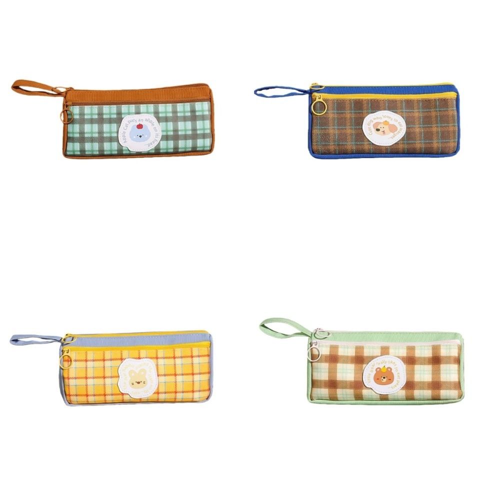 Grid Pattern Retro Grid Stationery Bag Cute Animal Pencil Pouch Vintage Plaid Pen Bag  Student