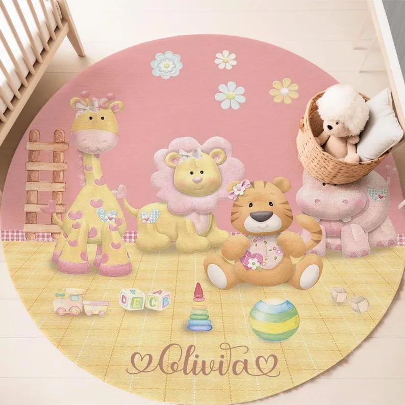 Boho Safari Animal Round Rug Autumn Forest Friends Floor Mat  Non-slip Carpet Wild Jungle Kids Room Decor Ethnic Baby Gift