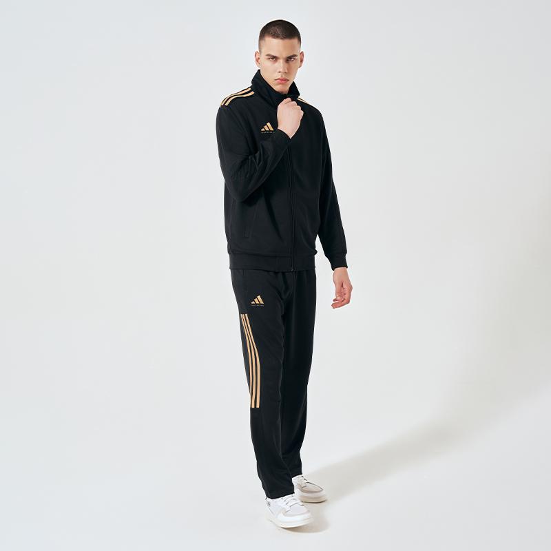 Adidas Striped Color Block Logo Stand Collar Long Sleeve Straight Leg Pants Casual Sports Suit Unisex Suit Black Gold TR90JT-BG+TR90PT-BG