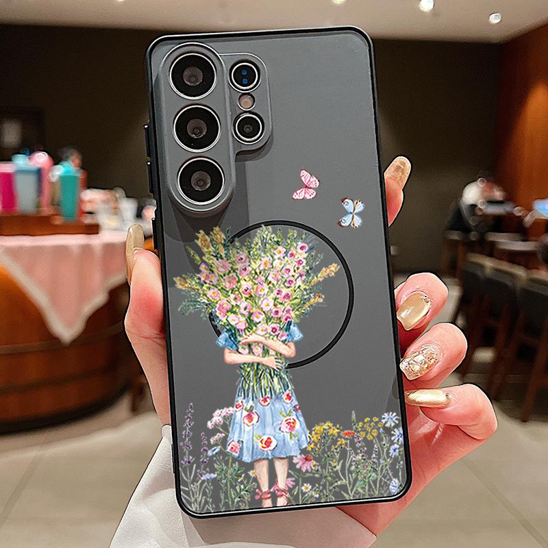 Cartoon Flower Girl Pattern Case For Samsung Galaxy S26 Ultra S25 Edge S24 Plus S23 FE S22 A54 A55 A56 5G Magnetic For Magsafe Matte Cover