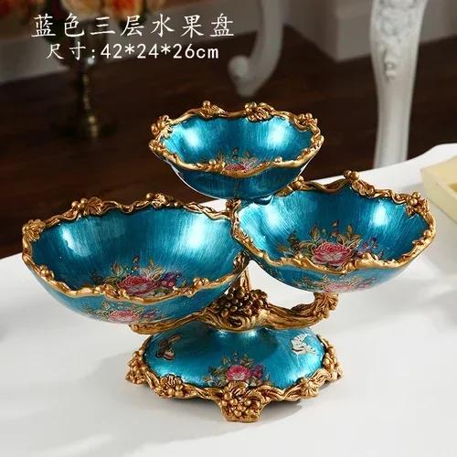 

European Three Layer Fruit Plate Creative Living Room Ornaments Capacity Dry Fruit Dish Decor Decorative Elegant Serving Stand синій