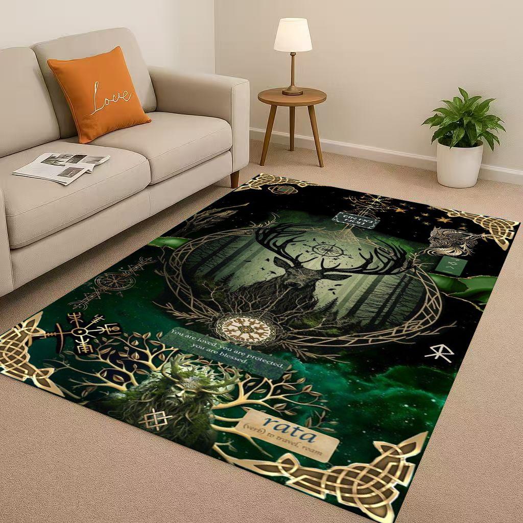 Retro Nordic Viking Totem Vegvisir Rune Valhalla Valknut Living Room Non Slip Area Rug Soft Carpet for Bedroom Sofa,Home Doormat