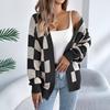 Fall/Winter Color Block Plaid Lantern Sleeve Cardigan Sweater Long Outerwear for Women
