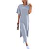 Damen Farbe Kurzarm Rundhals Saum Schlitz Kleid