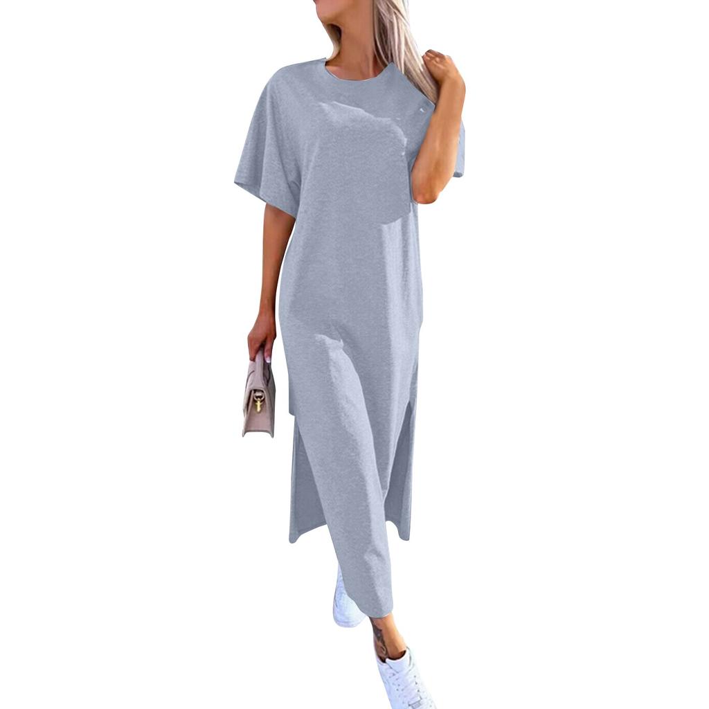 Damen Farbe Kurzarm Rundhals Saum Schlitz Kleid