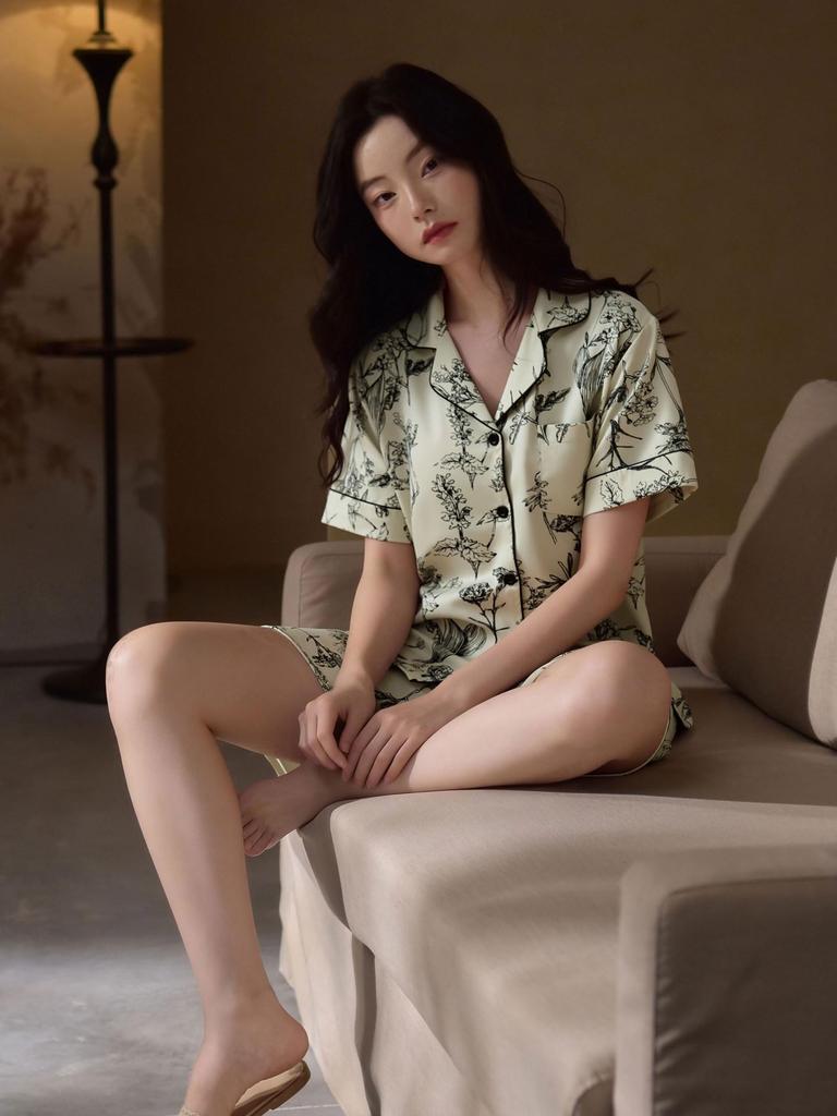 Women's Summer Floral Ice Silk Short Sleeve & Shorts Loungewear Set
