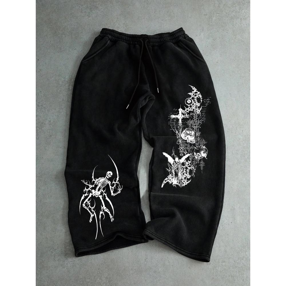 Men's Casual Straight Leg Pants with Loose Polyester Sports Pants Featuring Dark Gothic Skull Print, Retro Street Style