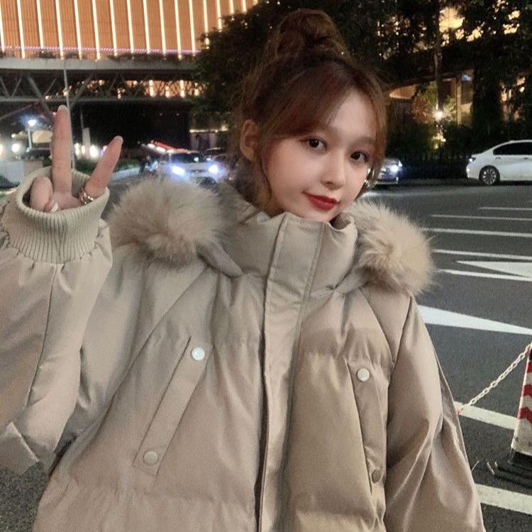Hooded Cotton-padded Jacket for Women Short Winter Korean-style Loose and Thick Cotton-padded Jacket with A Large Fur Collar Trendy Coat