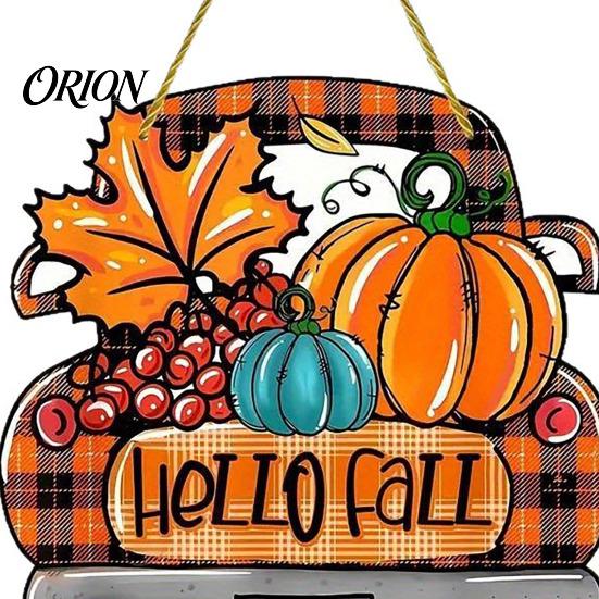 Holiday Entrance Ornament Hello Fall Wooden Hanging Sign, Retro Plaid Pickup Truck Ornaments, Wall Pendant Soft Furnishing Items with Pumpkin