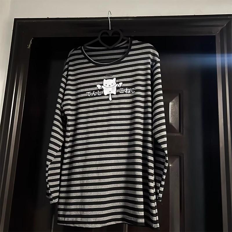 Autumn Striped Long-sleeved Women's T-shirt Subculture Print Kawaii Fashion T Shirt Y2k