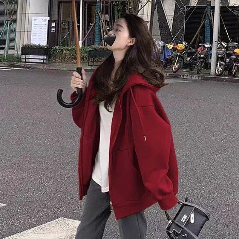 Women's Red Hooded Zip-Up Cardigan - New Year Battle Robe Style, Plus Velvet, Petite Loose Fit for Spring & Autumn