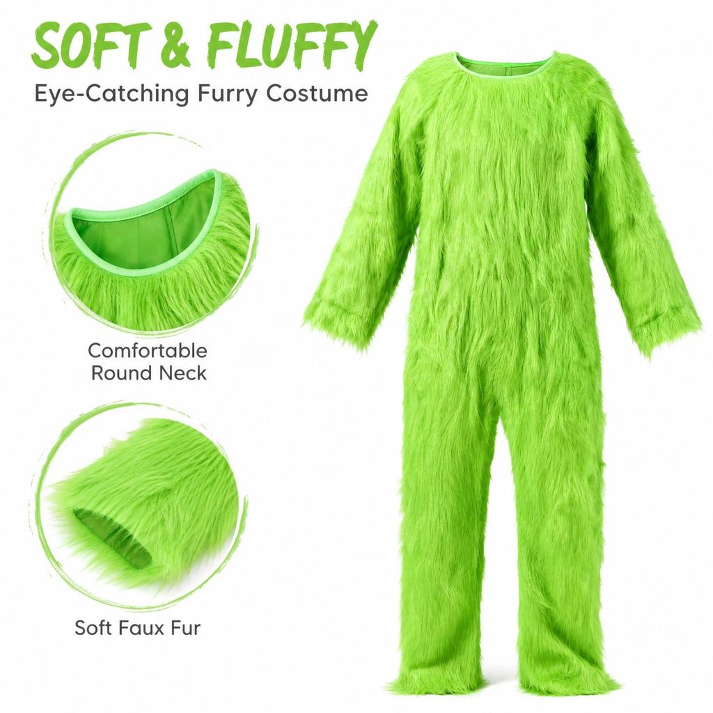Green Plush Colorblock Dress Costume for Christmas Cosplay and Holiday Role Play
