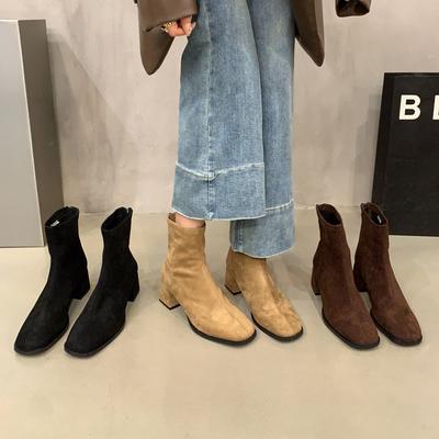 Blockabsatz khaki kleine kurze Stiefel Damenschuhe Herbst und Winter Koreanischer ausländischer Stil Stiefeletten Martin Stiefel