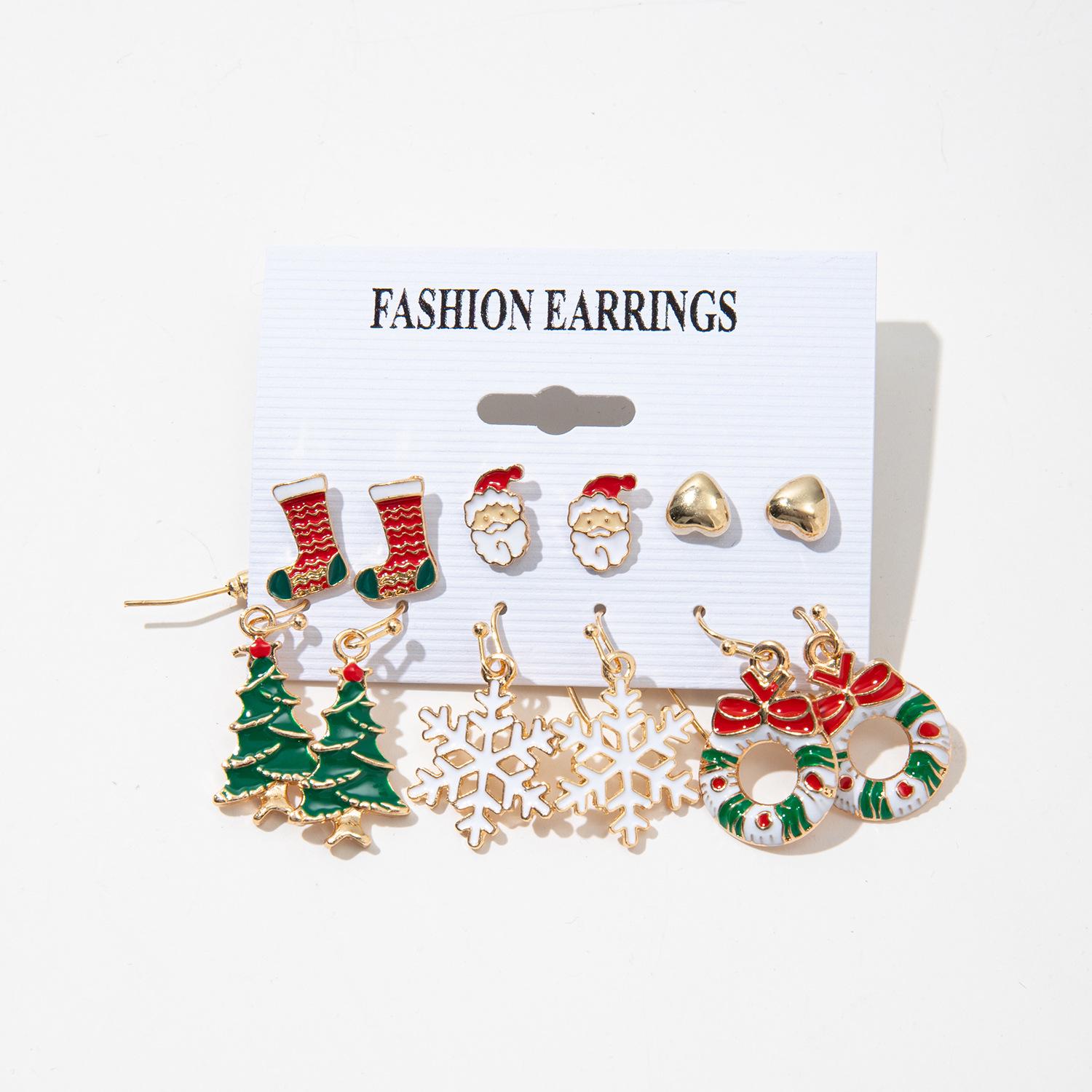 Европейский и американский рождественский набор модных серег: Дизайны Санта, Колокольчик, Снежинка, Елка - 6 штук