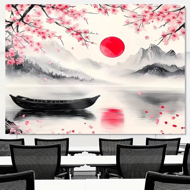 2D Artistic Cherry Blossom Lake Backdrop Traditional Japanese Style Banner