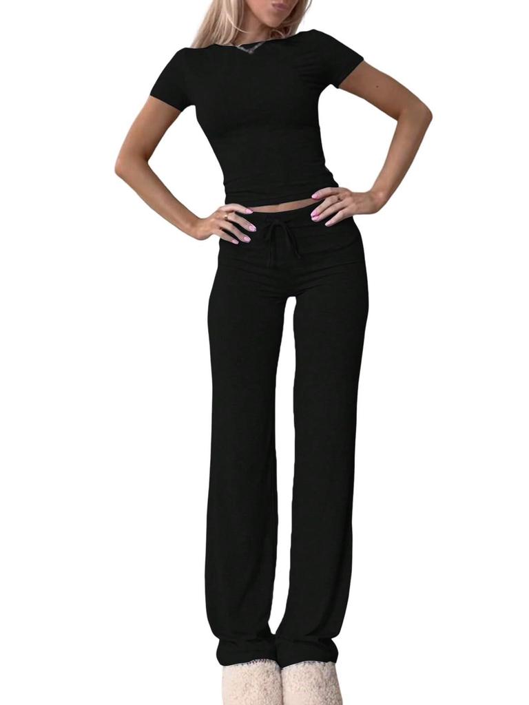 European Cross-border Casual Short-Sleeved Top and Long Pants Activewear Set for Home, Sports, and Yoga.