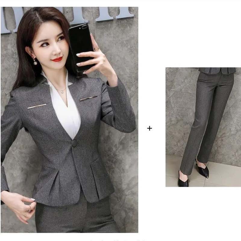 

2 шт., профессиональный пиджак, женский костюм с длинными рукавами, весна и осень, новый темпераментный костюм для продажи, костюм для собеседования, официальная рабочая одежда S серый