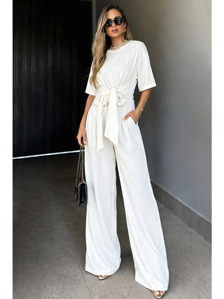 New Summer/Fall Collection Solid-Color Round-Neck Short-Sleeve Loose-Fit Wide-Leg Pants Slimming Tie-Waist Set