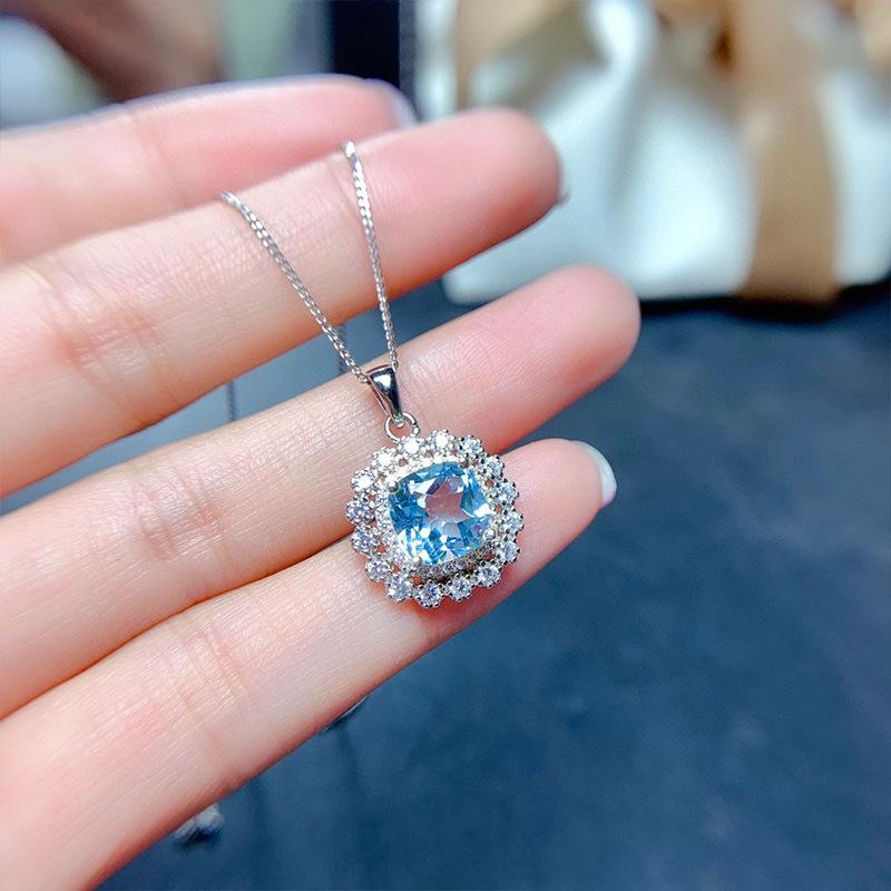 Silver Plated 4PCS Blue CZ Jewelry Set (Necklace+Earrings+Ring), Cushion Cut Halo Box Chain Set for Women